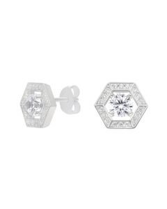 New Sterling Silver Cubic Zirconia Hexagon Halo Stud Earrings