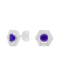 New Sterling Silver Violet Cubic Zirconia Hexagon Halo Earrings