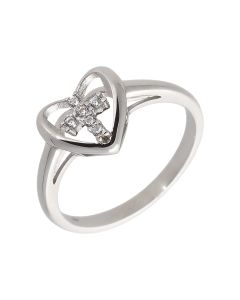 New Sterling Silver Cubic Zirconia Cross Heart Ring