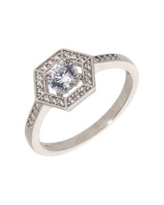 New Sterling Silver Cubic Zirconia Hexagon Halo Ring