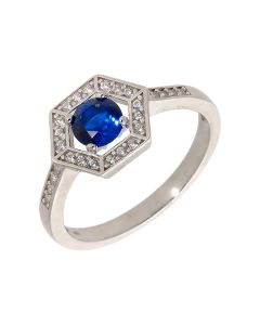New Sterling Silver Blue Cubic Zirconia Hexagon Halo Ring