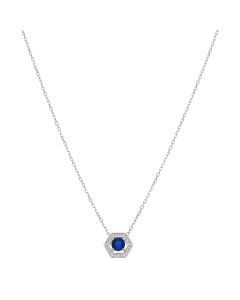 New Sterling Silver Blue Cubic Zirconia Hexagon Halo Necklace