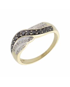 Pre-Owned 9ct Gold Black & White Diamond Wave Dress Ring