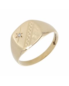 Pre-Owned 9ct Yellow Gold Diamond Set Patterned Signet Ring