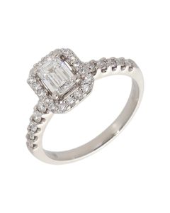 Pre-Owned Platinum 0.81ct Emerald Cut Diamond Halo Ring