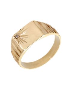 Pre-Owned 9ct Gold Diamond Set Barked Shoulder Signet Ring
