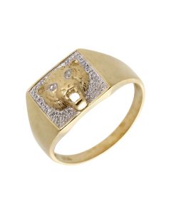 Pre-Owned 9ct Yellow Gold Diamond Set Leopard Signet Ring