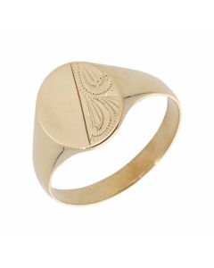 Pre-Owned 9ct Yellow Gold Half Patterned Oval Signet Ring