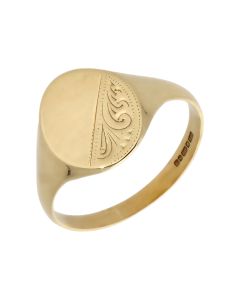 Pre-Owned 9ct Yellow Gold Part Patterned Oval Signet Ring