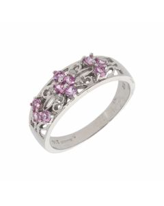 Pre-Owned 9ct White Gold Pink Topaz & Diamond Floral Band Ring