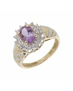 Pre-Owned 9ct Yellow Gold Amethyst & Diamond Cluster Ring