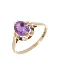 Pre-Owned 9ct Yellow Gold Oval Amethyst Solitaire Dress Ring