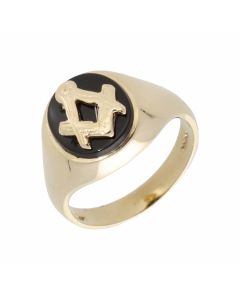 Pre-Owned 9ct Yellow Gold Oval Onyx Masonic Signet Ring