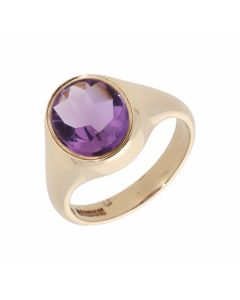 Pre-Owned 9ct Yellow Gold Oval Amethyst Solitaire Dress Ring