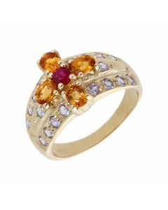 Pre-Owned 9ct Yellow Gold Multi Gemstone Set Cross Cluster Ring