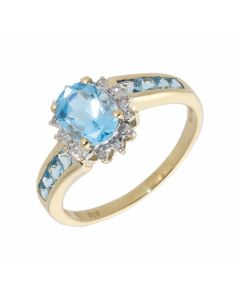 Pre-Owned 9ct Gold Blue Topaz & Diamond Twist Cluster Ring