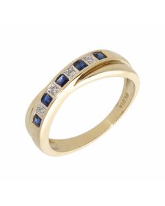 Pre-Owned 9ct Yellow Gold Sapphire & Diamond Crossover Ring