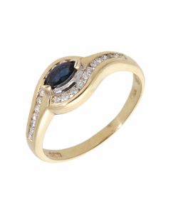 Pre-Owned 9ct Yellow Gold Sapphire & Diamond Wave Dress Ring