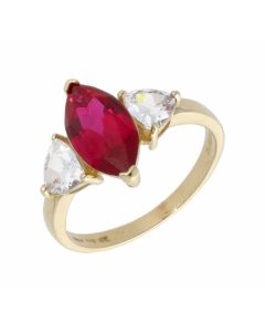 Pre-Owned 14ct Gold Synthetic Ruby & Cubic Zirconia Trilogy Ring