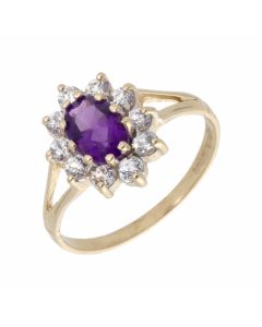 Pre-Owned 9ct Yellow Gold Amethyst & Cubic Zirconia Cluster Ring
