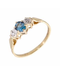 Pre-Owned 9ct Yellow Gold Blue Topaz & Diamond Trilogy Ring