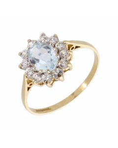 Pre-Owned 9ct Gold Aquamarine & Cubic Zirconia Cluster Ring