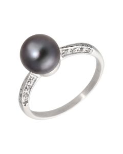 Pre-Owned 14ct White Gold Black Pearl Solitaire & Diamonds Ring