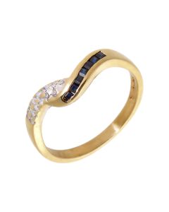 Pre-Owned 9ct Yellow Gold Sapphire & Diamond Wave Ring