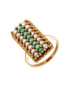 Pre-Owned 14ct Yellow Gold Pearl & Jade Triple Row Dress Ring