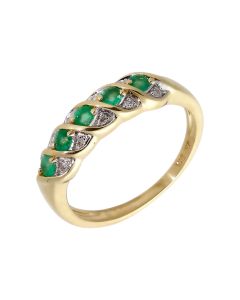 Pre-Owned 9ct Gold Emerald & Diamond Multi Row Wave Dress Ring