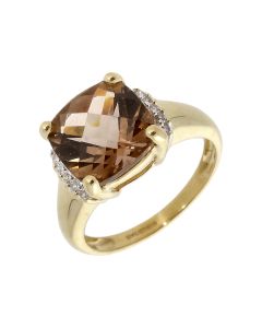 Pre-Owned 9ct Yellow Gold Smokey Quartz & Diamond Dress Ring