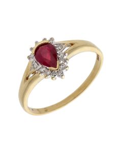 Pre-Owned 9ct Yellow Gold Ruby & Diamond Pear Cluster Ring