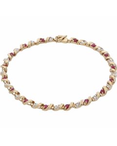 Pre-Owned 9ct Yellow Gold 7 Inch Ruby & Diamond Wave Bracelet