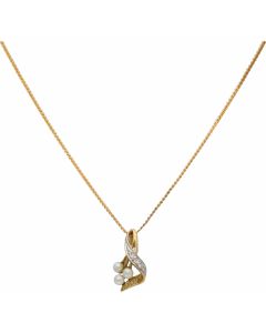 Pre-Owned 9ct Yellow Gold Pearl & Diamond Wave Pendant Necklace