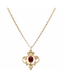Pre-Owned 9ct Gold Garnet Filigree Pendant & Chain Necklace