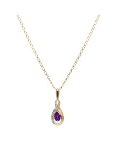 Pre-Owned 9ct Gold 16 Inch Amethyst & Diamond Pendant Necklace