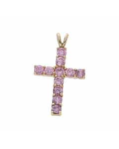 Pre-Owned 9ct Gold Pink Cubic Zirconia Cross Pendant