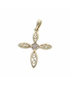 Pre-Owned 9ct Yellow Gold Diamond Set Swirl Cross Pendant