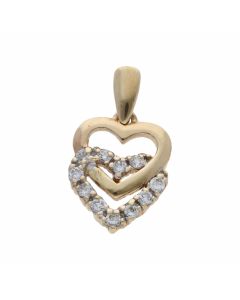 Pre-Owned 9ct Gold Cubic Zirconia Set Double Heart Pendant