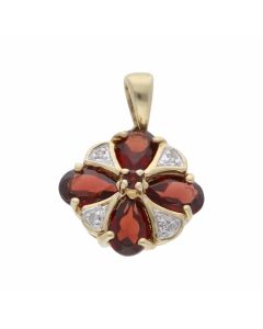 Pre-Owned 9ct Yellow Gold Garnet & Diamond Cluster Pendant