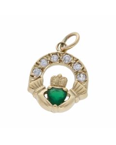 Pre-Owned 9ct Gold Emerald & Cubic Zirconia Claddagh Pendant
