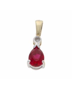 Pre-Owned 9ct Gold Synthetic Ruby & Diamond Teardrop Pendant
