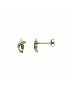 Pre-Owned 9ct Yellow Gold Emerald & Diamond Wave Stud Earrings
