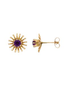 Pre-Owned 9ct Yellow Gold Amethyst Centre Flower Stud Earrings