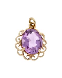Pre-Owned 9ct Yellow Gold Filigree Edged Oval Amethyst Pendant