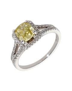 Pre-Owned 18ct White Gold Yellow Diamond Halo Solitaire Ring