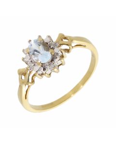 Pre-Owned 9ct Yellow Gold Aquamarine & Diamond Cluster Ring