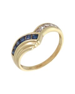 Pre-Owned 9ct Gold Sapphire & Cubic Zirconia Wishbone Ring