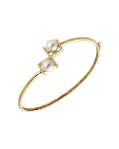 Pre-Owned 9ct Yellow Gold Double Pearl Hinged Bangle