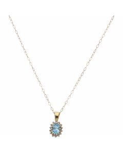 Pre-Owned 9ct Gold Blue Topaz & Diamond Cluster Pendant Necklace